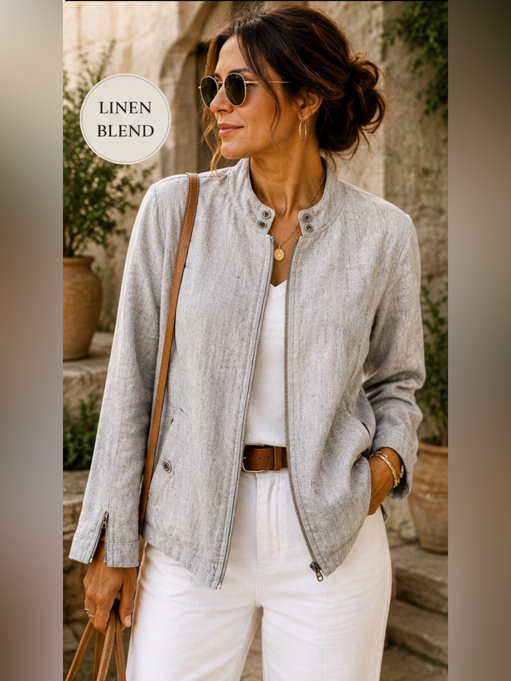 Onassis New York Linen Blend Moto Jacket Gray Zip Front Lightweight